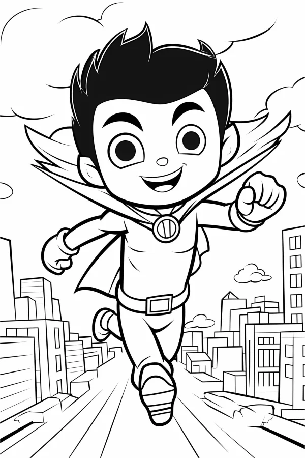 Cartoon superhero running over city, cartoon style — free printable superhero coloring book page