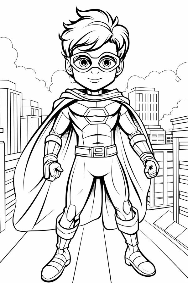 Cartoon young superhero, cartoon style — free printable superhero coloring book page