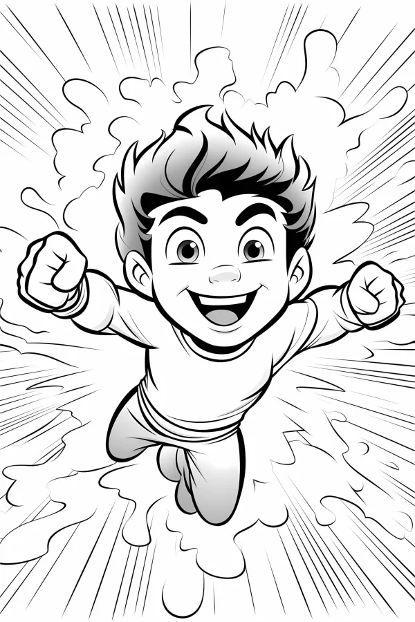 Excited cartoon boy, cartoon style — free printable childlike coloring book page