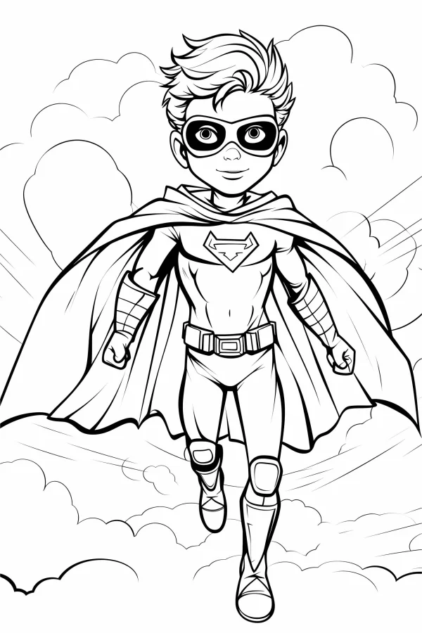 Cartoon superhero boy, cartoon style — free printable superhero coloring book page