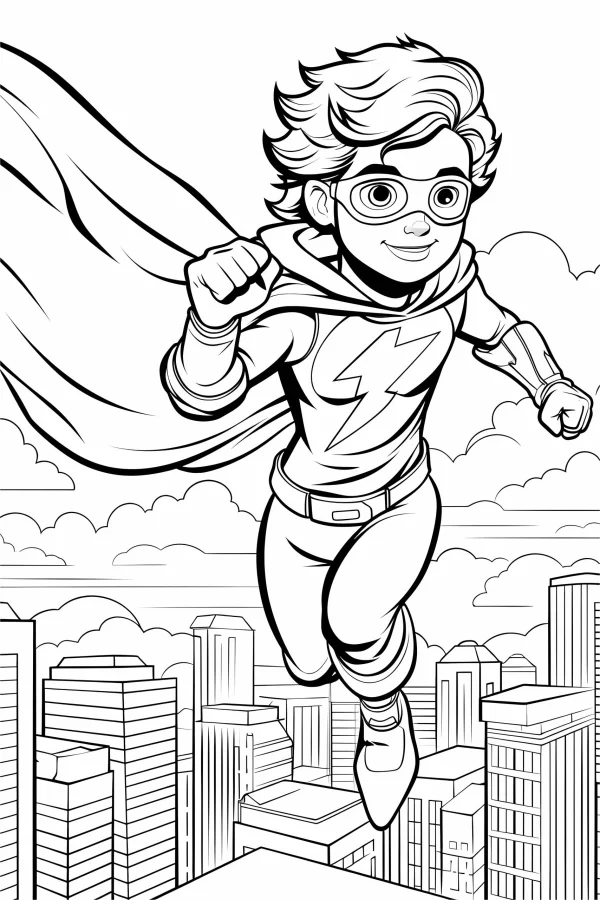 Young superhero with cape and lightning emblem, cartoon style — free printable superhero coloring book page