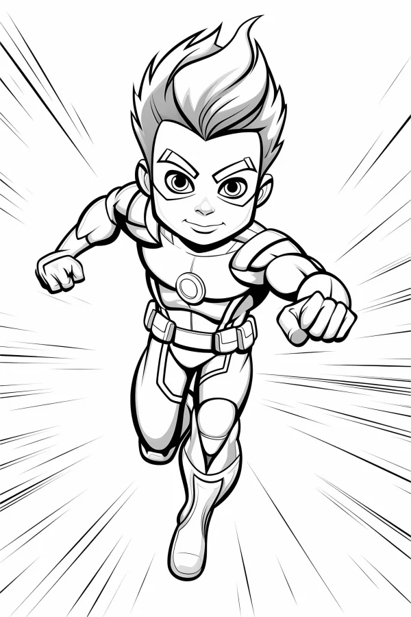 Cartoon superhero running in armor suit, cartoon style — free printable superhero coloring book page