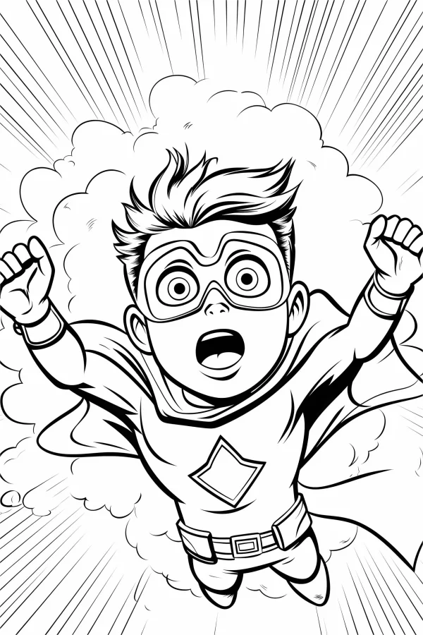Flying young boy superhero, cartoon style — free printable superhero coloring book page
