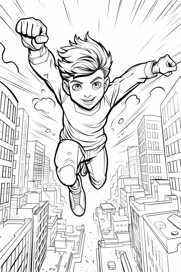Cartoon superhero boy flying over city, cartoon style — free printable superhero coloring book page