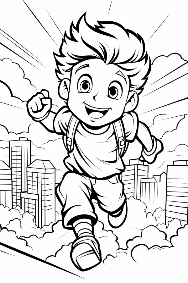 Cheerful boy with backpack running over city buildings, cartoon style — free printable childhood coloring book page