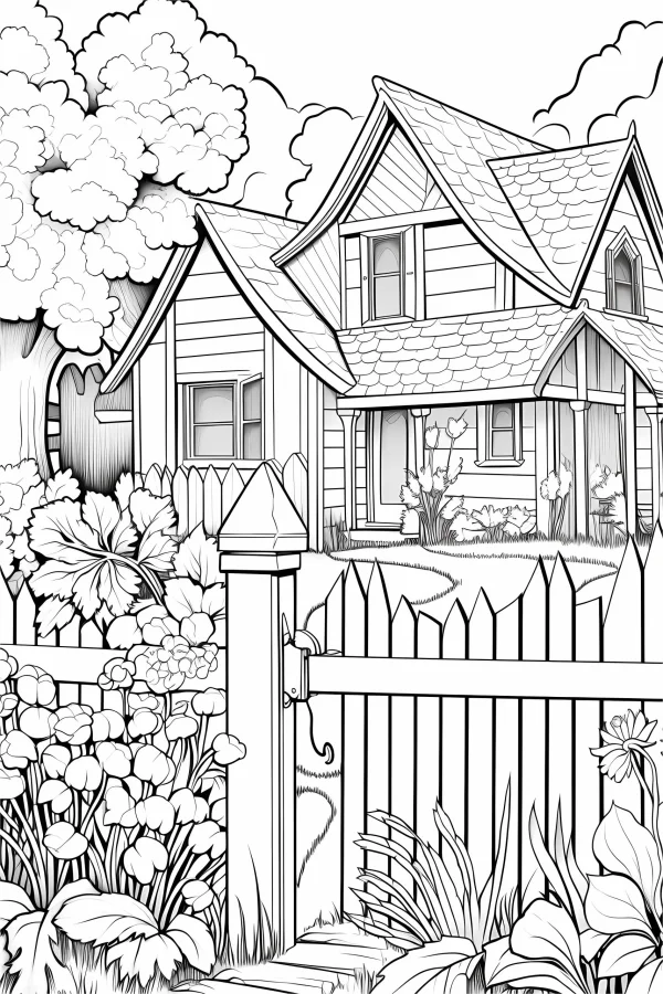 Cozy countryside cottage, realistic line art style — free printable pastoral coloring book page