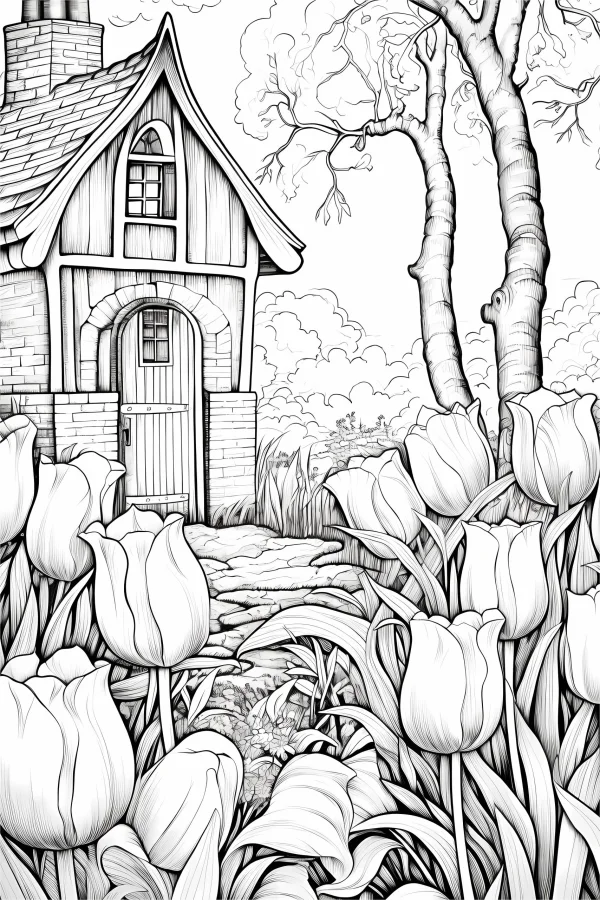 Idyllic cottage surrounded by tulips, realistic line art style — free printable rural life coloring book page