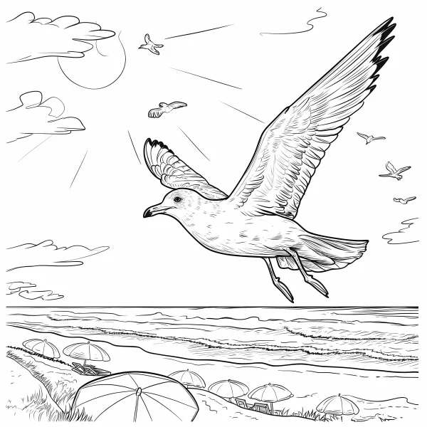 Flying seagull, beach scene with ocean — free printable beach holiday coloring book page