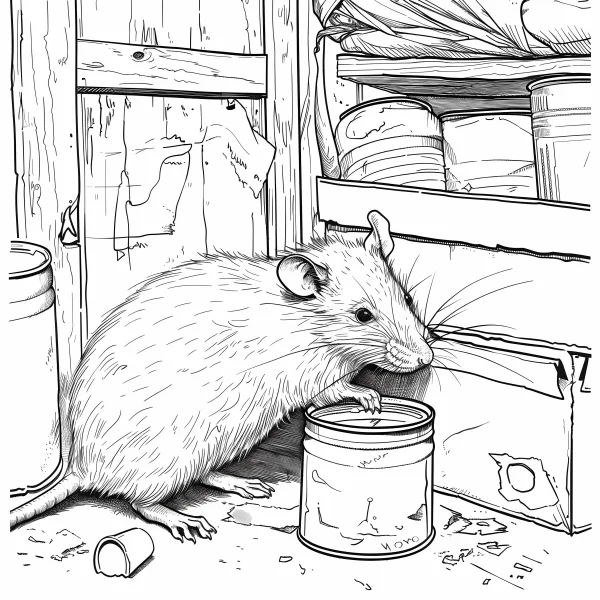 Realistic foraging rat, indoor storage scene with glass jars and wooden planks — free printable daily life coloring book page