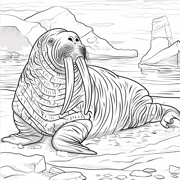 Walrus with long tusks and whiskers, realistic sketch line art — free printable polar coloring book page