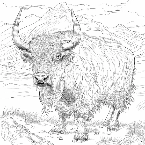Highland yak, realistic style — free printable mammals coloring book page