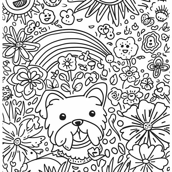 Cute puppy in a flower field, cartoon style — free printable innocence coloring book page