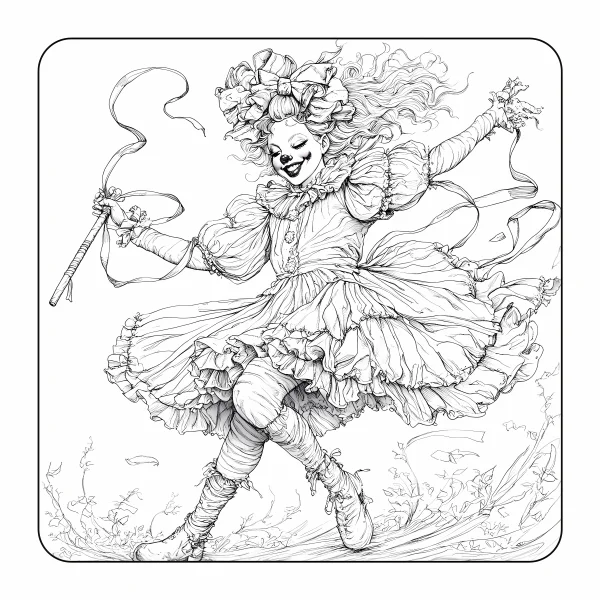 Playful clown girl in ruffled dress, sketch illustration style — free printable dance coloring book page
