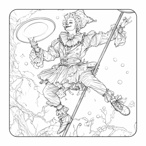 Juggling clown balancing on a pole, cartoon sketch style — free printable performance coloring book page
