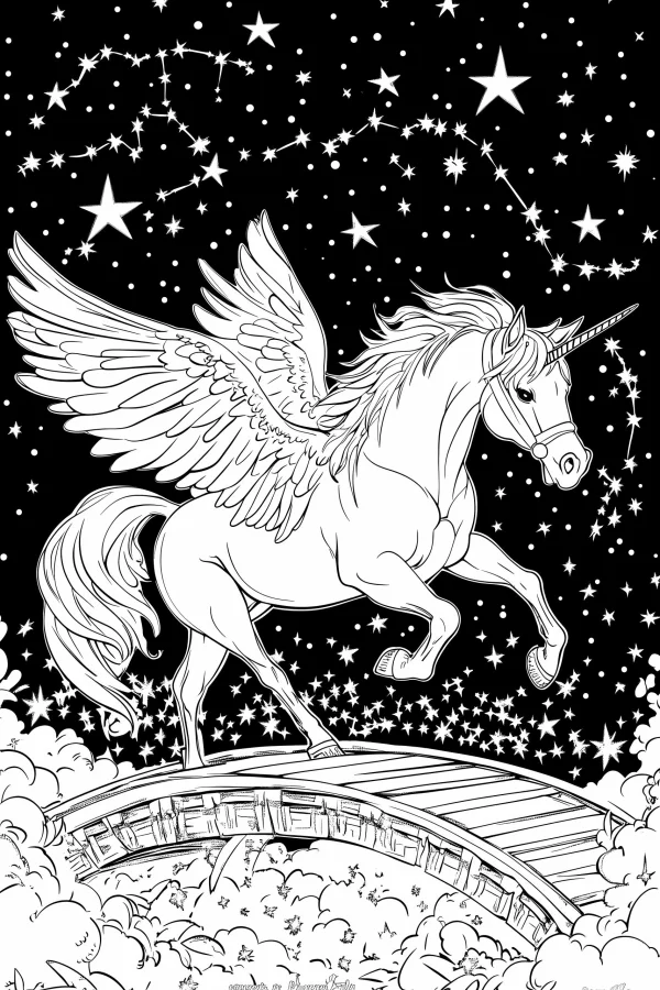 Winged unicorn standing on a wooden bridge, fantasy style — free printable starry sky coloring book page