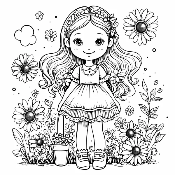 Long-haired little girl in flower field, cartoon style — free printable childhood coloring book page