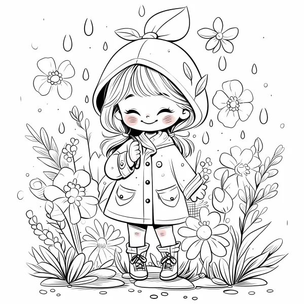 Cartoon girl in hooded raincoat and rain boots standing among flowers, cartoon style — free printable rainy season coloring book page