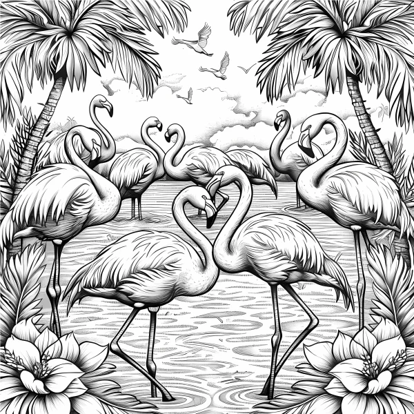 Flamingo group in tropical waterside, realistic line art style — free printable tropical style coloring book page