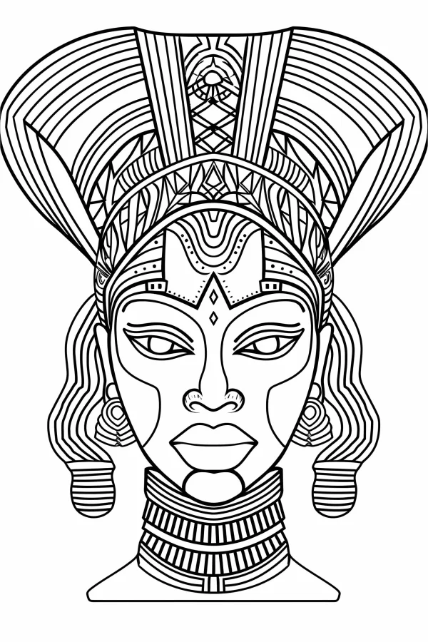African tribal style decorated human portrait, african tribal art style — free printable africa coloring book page
