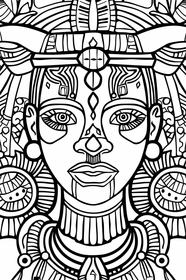 Aztec style tribal figure with intricate facial tattoos and ornate ornaments, tribal art style — free printable aztec culture coloring book page