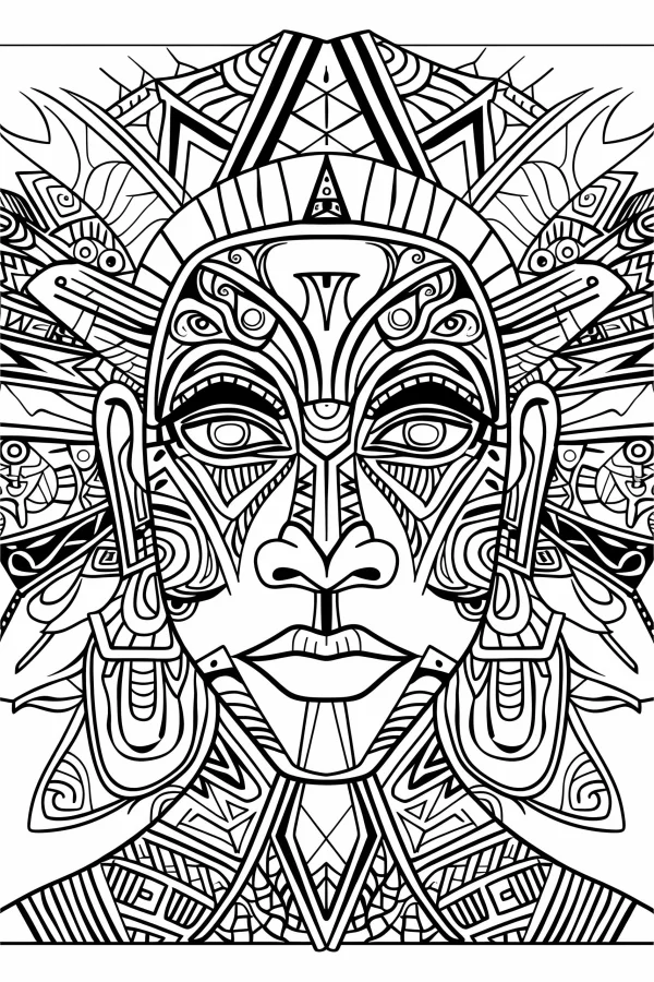Indigenous tribal style human face with intricate totem patterns, detailed symmetrical tribal ornaments — free printable cultural arts coloring book page