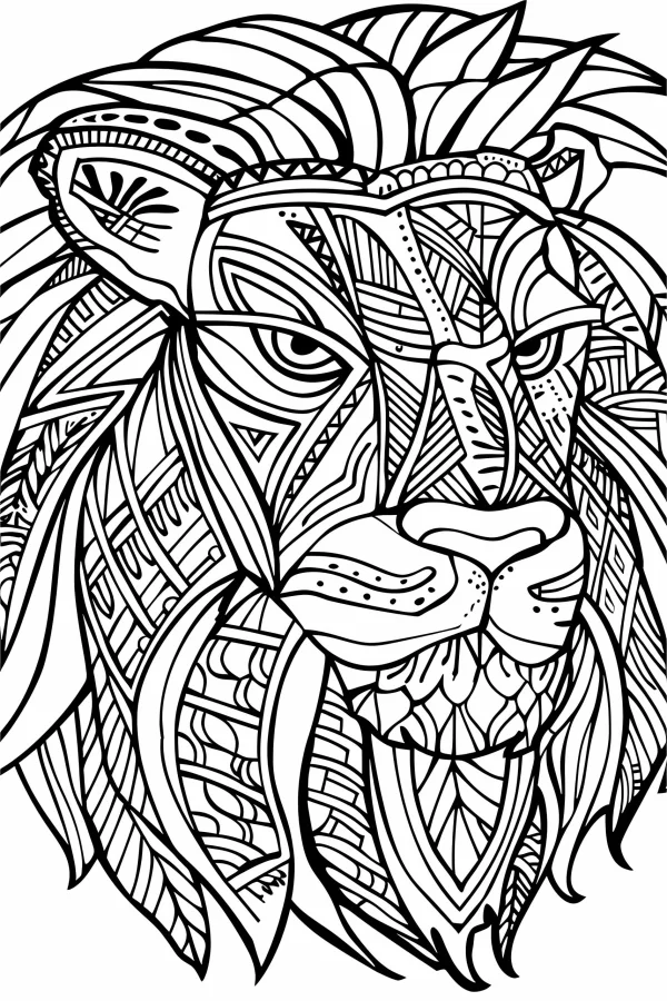 Totem-style lion head, tribal pattern design — free printable totem coloring book page