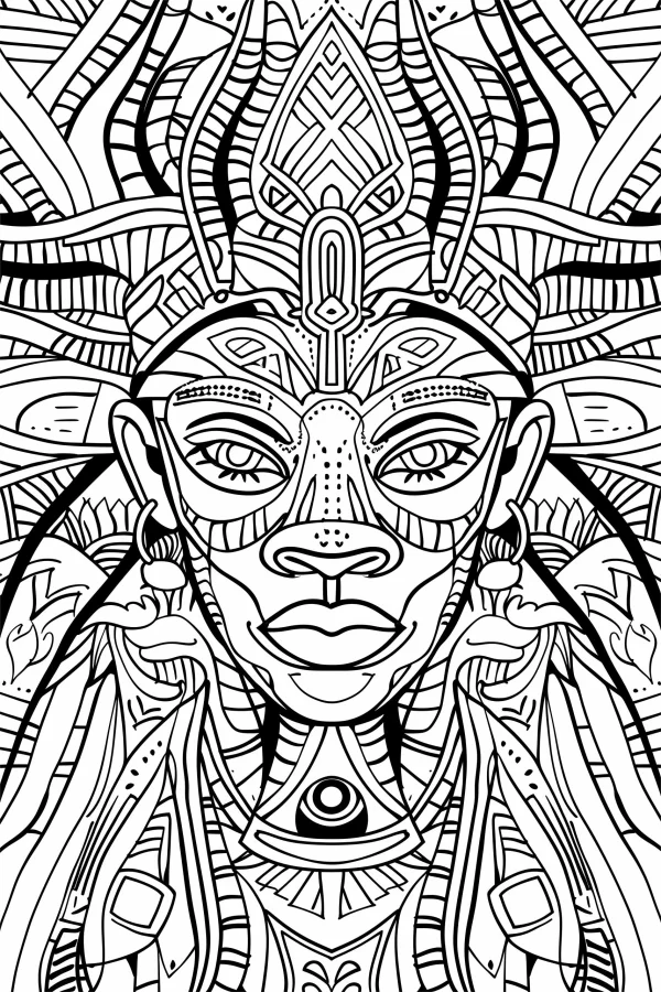 Tribal style female figure, african tribal art style — free printable africa coloring book page