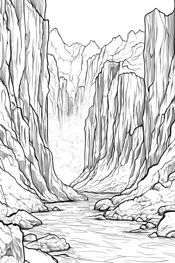 Canyon with a flowing stream, realistic line art style — free printable river coloring book page