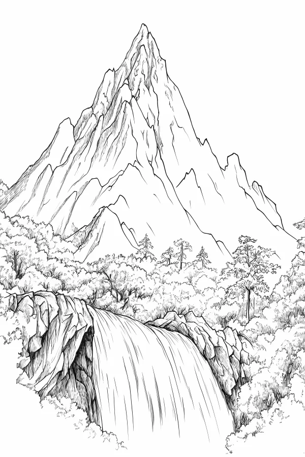 Mountain peak with waterfall natural landscape, realistic style — free printable waterfall coloring book page
