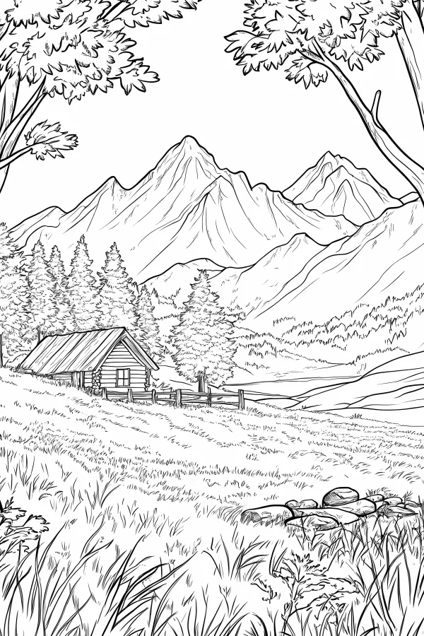 Mountain forest cabin, realistic sketch style — free printable rural life coloring book page