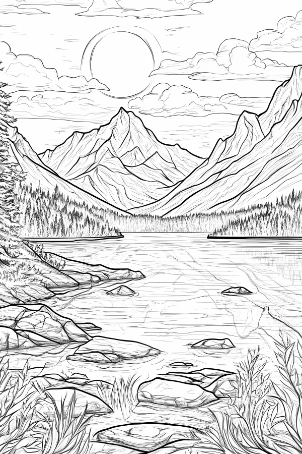 Serene lakeside mountain natural landscape, realistic line art style — free printable lakes coloring book page