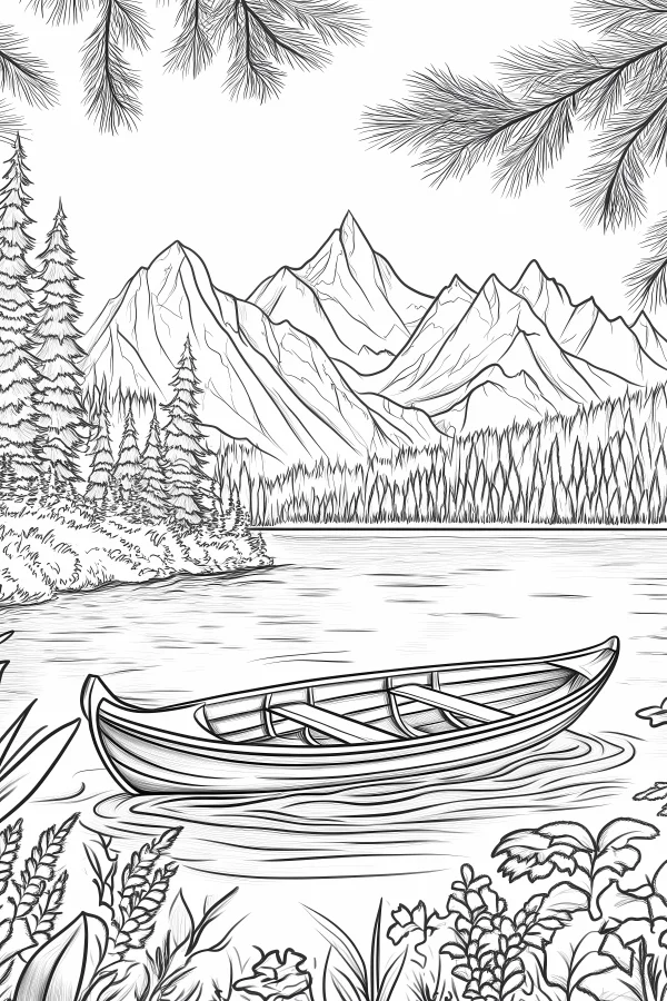 Canoe on a lake with mountain and forest background, realistic line art style — free printable lakes coloring book page