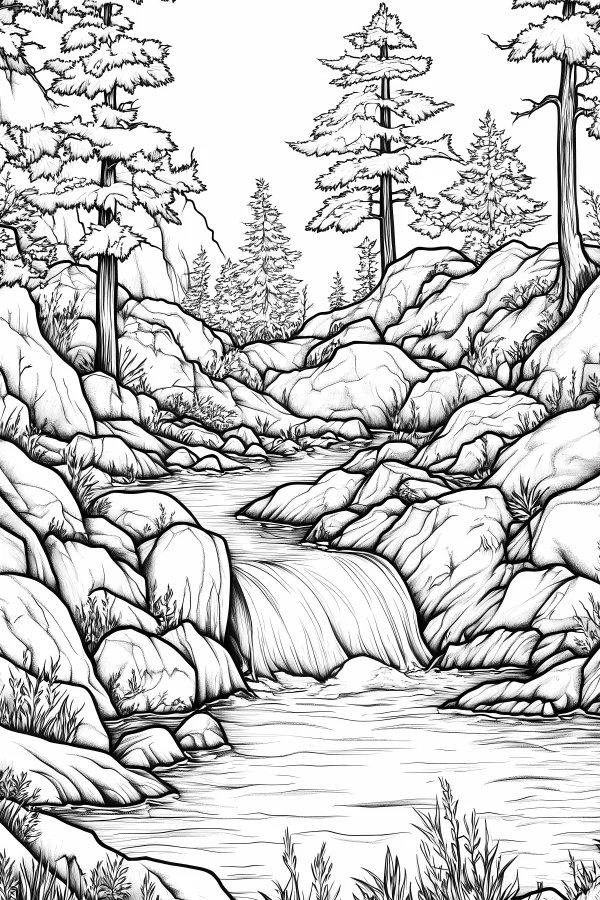 Forest stream waterfall landscape, realistic line art style — free printable waterfall coloring book page
