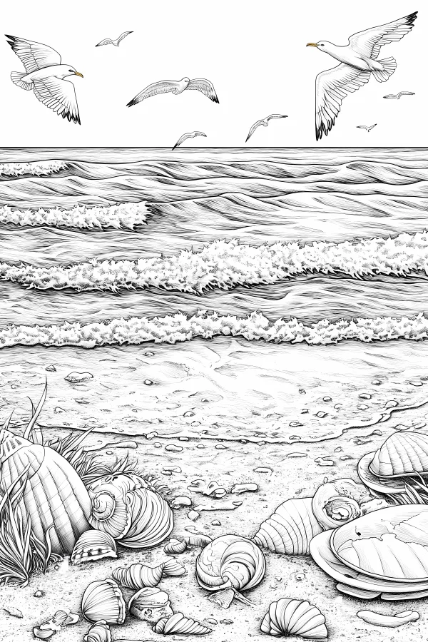 Beach scene with seashells, rolling waves and flying seagulls — free printable birds coloring book page