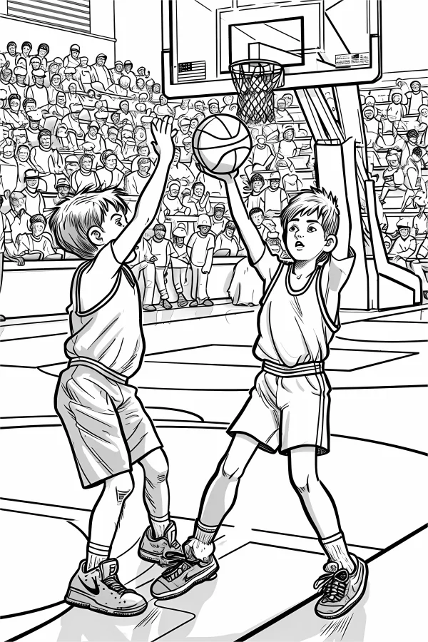 Two boy basketball players competing in a game, cartoon style — free printable campus coloring book page