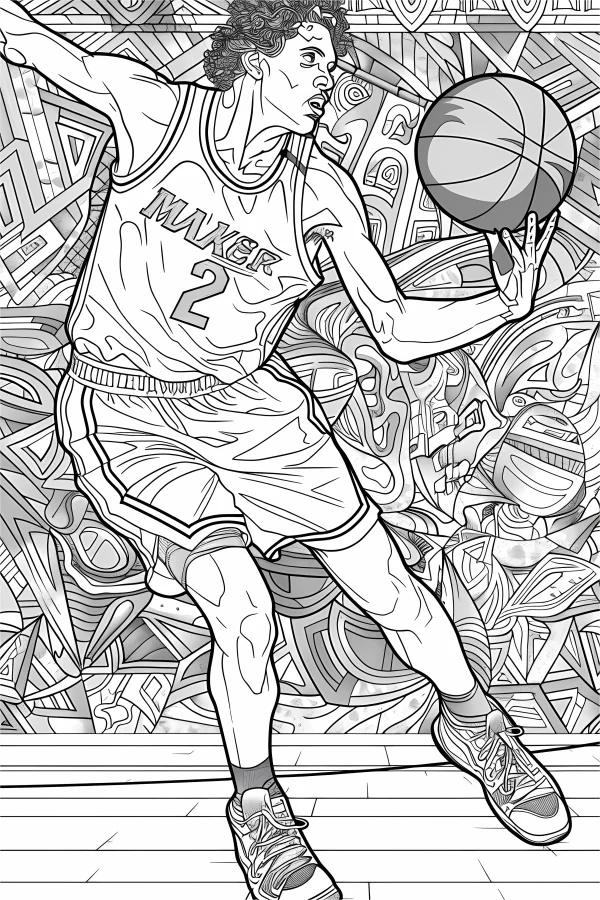 Basketball player dribbling a basketball, street art graffiti style — free printable street art coloring book page