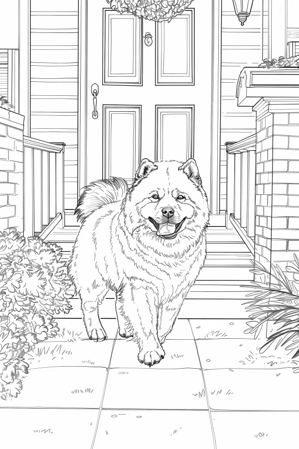 Chow chow dog in front of a house entrance, realistic line art style — free printable family life coloring book page