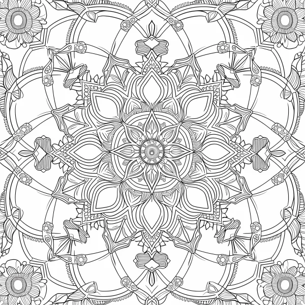 Intricate mandala pattern with floral details, symmetrical repeating geometric designs — free printable abstract art coloring book page