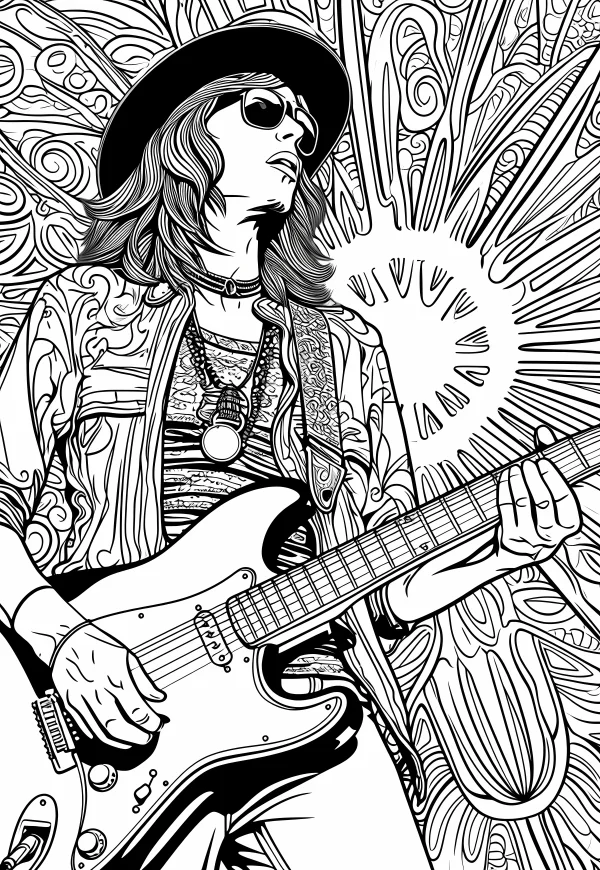 Hippie-style guitarist playing electric guitar, bohemian retro style — free printable bohemian coloring book page