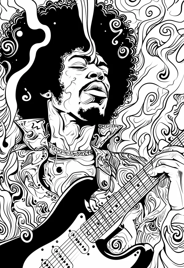 Rock musician playing electric guitar, art nouveau and decorative art style — free printable abstract art coloring book page