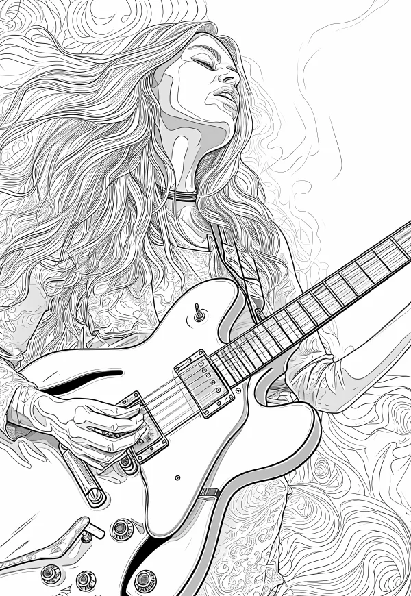 Long-haired woman playing electric guitar, line art style — free printable musician coloring book page