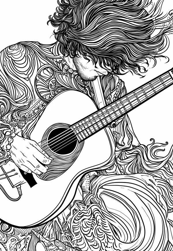 Bohemian style long-haired person playing acoustic guitar, filled with intricate zentangle patterns on clothing and surroundings — free printable bohemian coloring book page