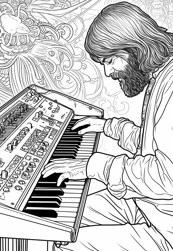 Long-haired bearded man playing electronic keyboard, realistic line art style — free printable musician coloring book page