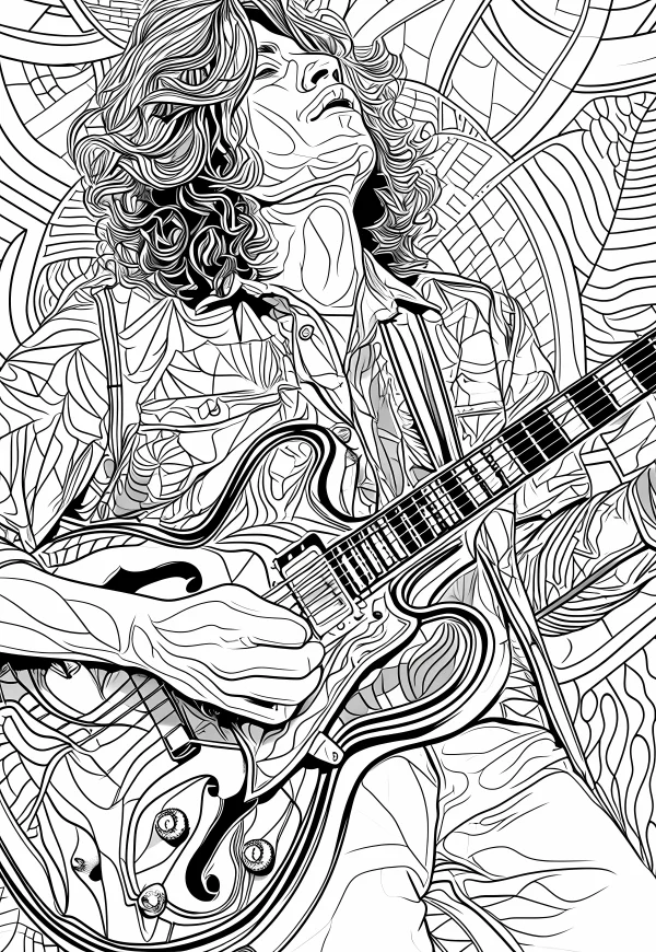 Coloring book page, curly-haired guitarist playing electric guitar — free printable musician coloring book page