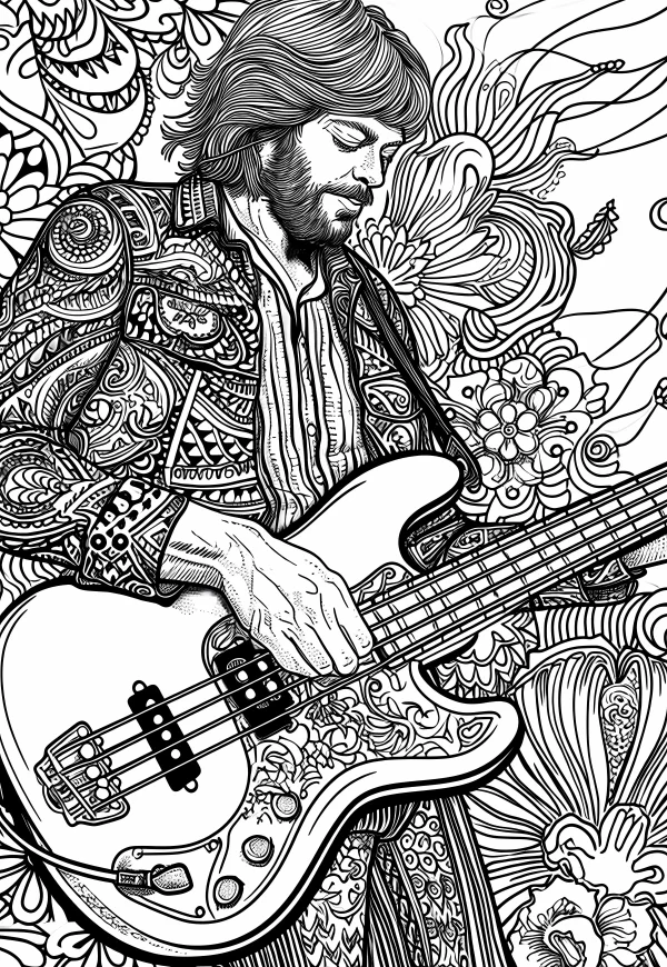 Bohemian style bassist playing electric bass, intricate bohemian patterns and floral vines as background — free printable bohemian coloring book page