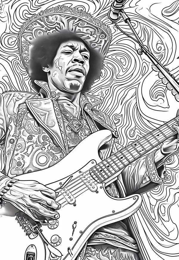 Retro rock musician playing electric guitar, vintage decorative art style — free printable musician coloring book page