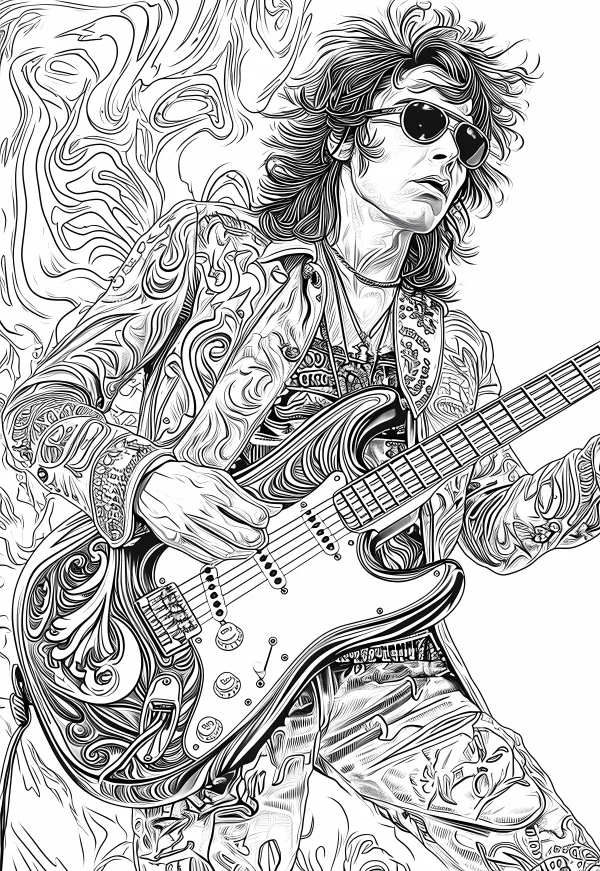 Rock electric guitarist with sunglasses and curly hair, wearing vintage patterned jacket — free printable rock coloring book page