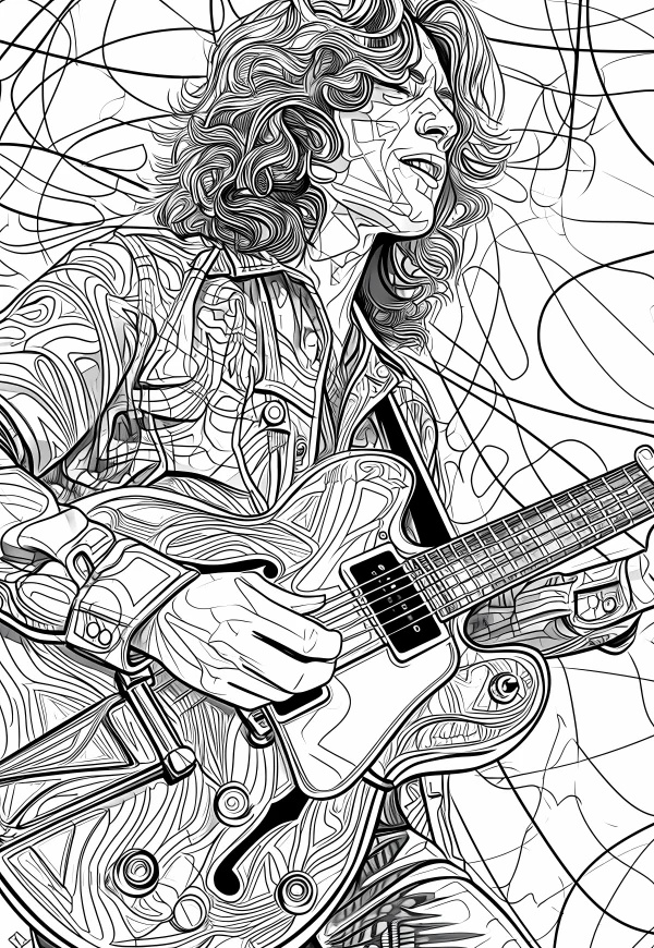 Line art style of a long-haired musician playing electric guitar, intricate tangled line patterns on figure and background — free printable musician coloring book page