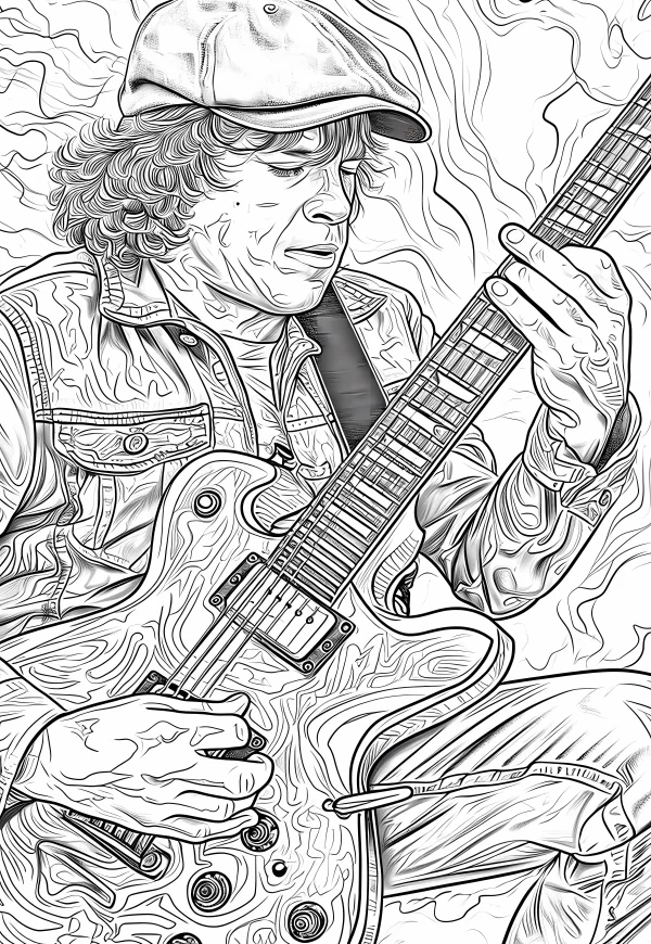Musician playing electric guitar, realistic sketch style — free printable musician coloring book page