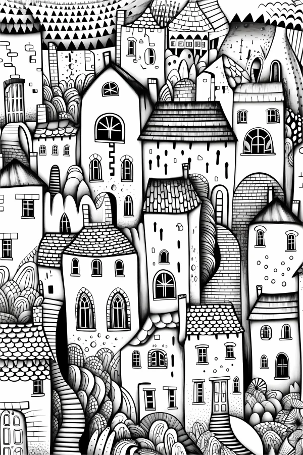 Whimsical fairy tale town buildings, cartoon decorative art style — free printable town coloring book page